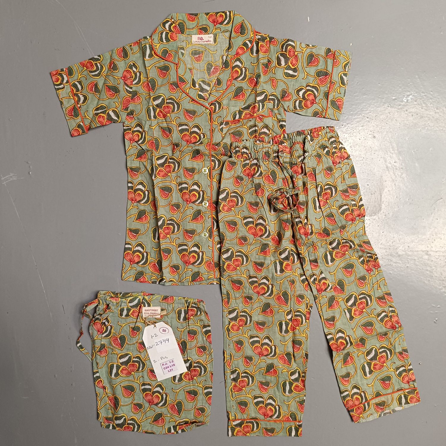 1-2 Year Cotton Half Sleeves Shirt Collar Neck Full Pajama Set