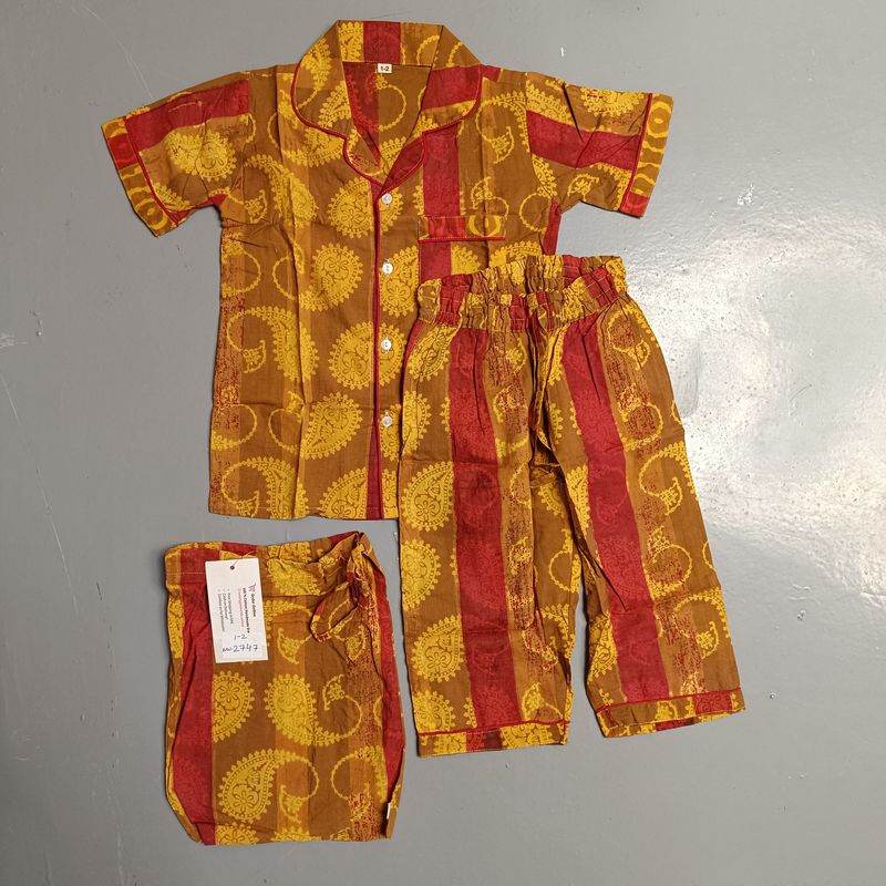 1-2 Year Cotton Half Sleeves Shirt Collar Neck Full Pajama Set