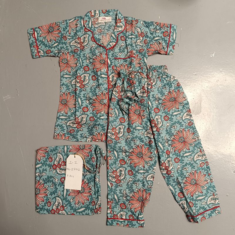 1-2 Year Cotton Half Sleeves Shirt Collar Neck Full Pajama Set