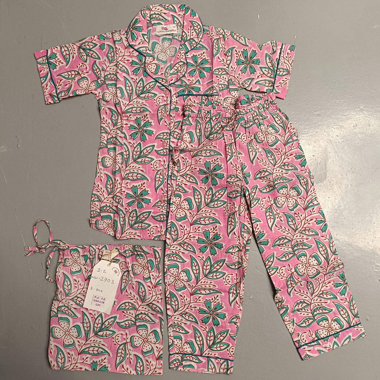 1-2 Year Cotton Half Sleeves Shirt Collar Neck Full Pajama Set