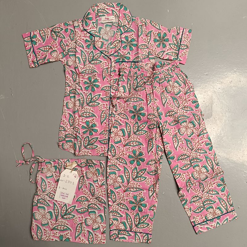 1-2 Year Cotton Half Sleeves Shirt Collar Neck Full Pajama Set