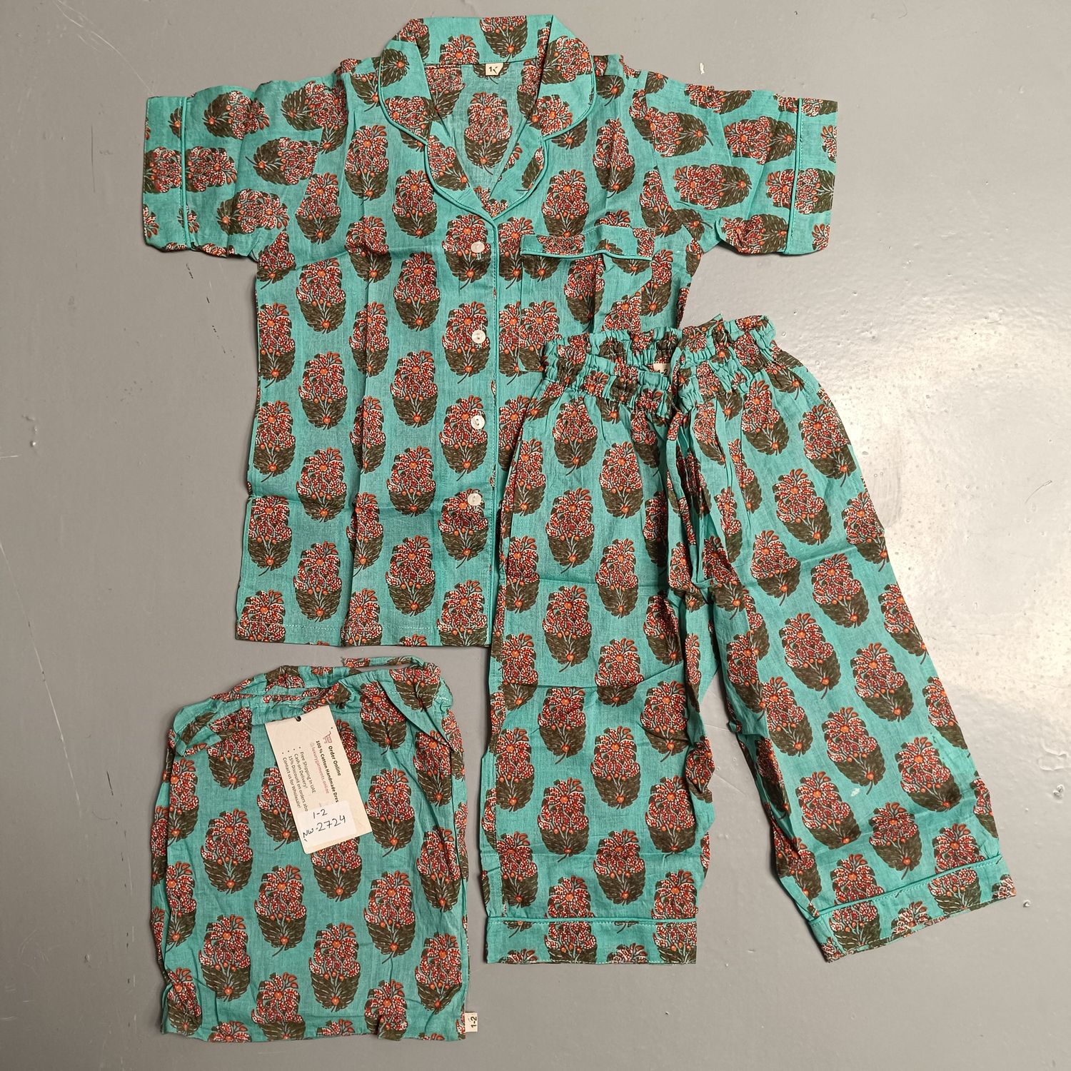 1-2 Year Cotton Half Sleeves Shirt Collar Neck Full Pajama Set