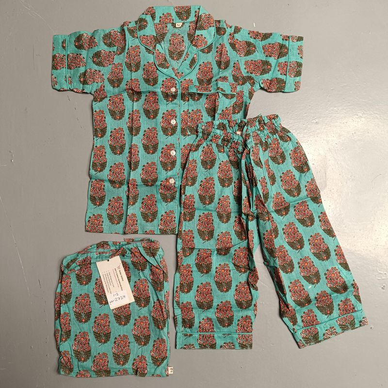 1-2 Year Cotton Half Sleeves Shirt Collar Neck Full Pajama Set