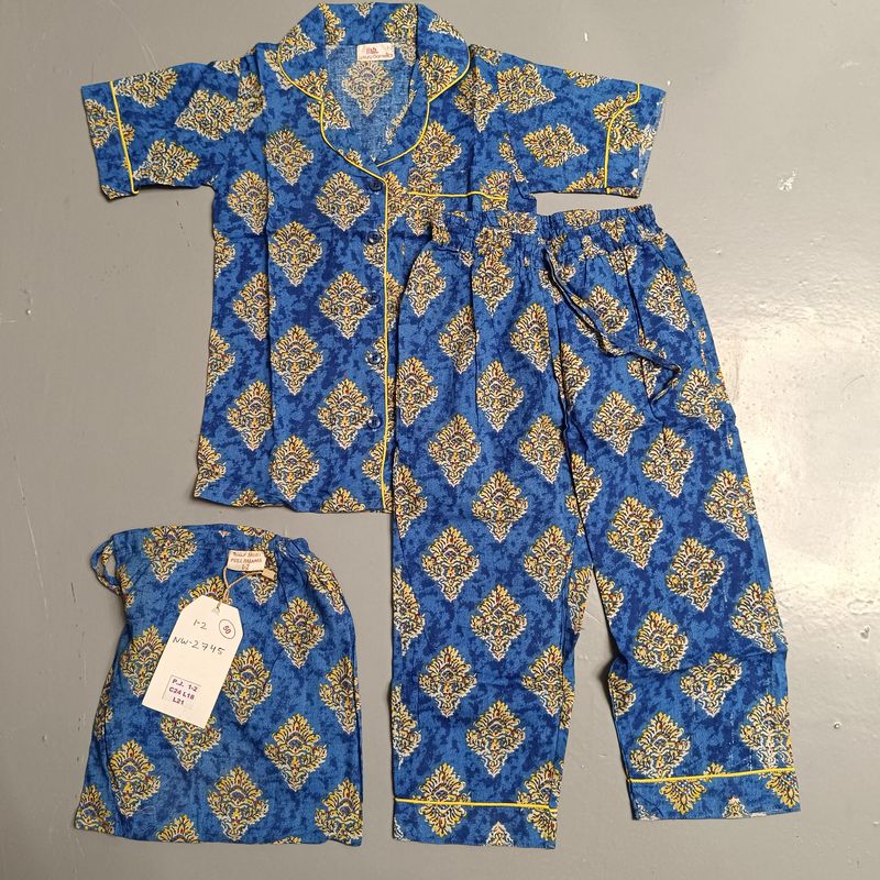 1-2 Year Cotton Half Sleeves Shirt Collar Neck Full Pajama Set