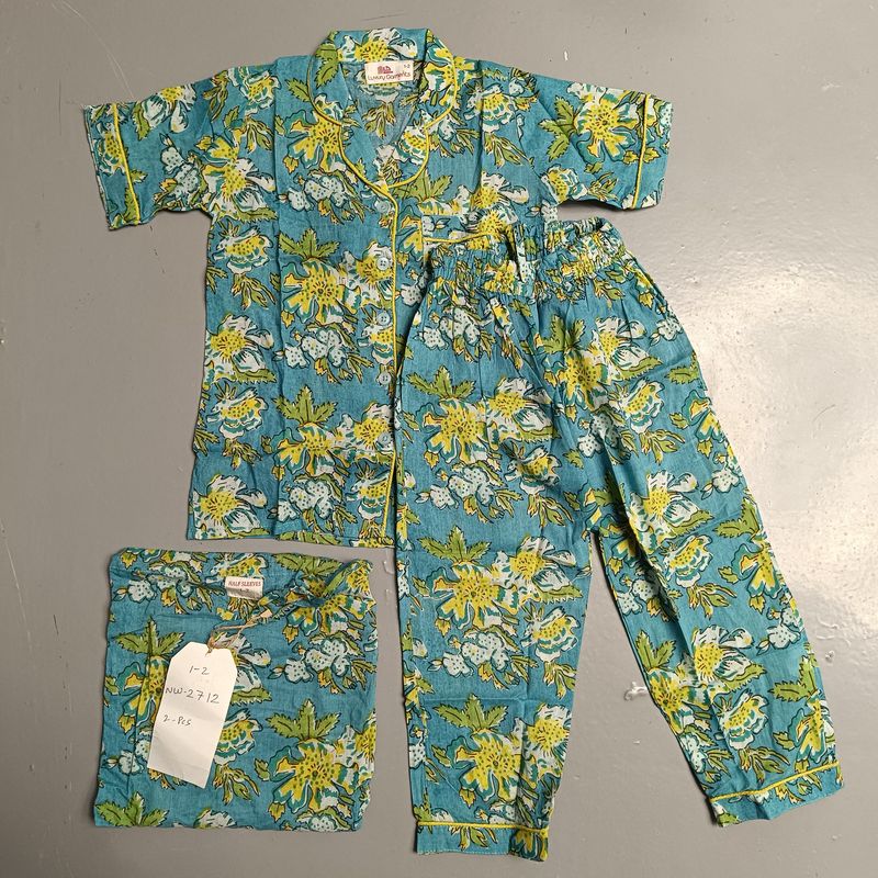 1-2 Year Cotton Half Sleeves Shirt Collar Neck Full Pajama Set