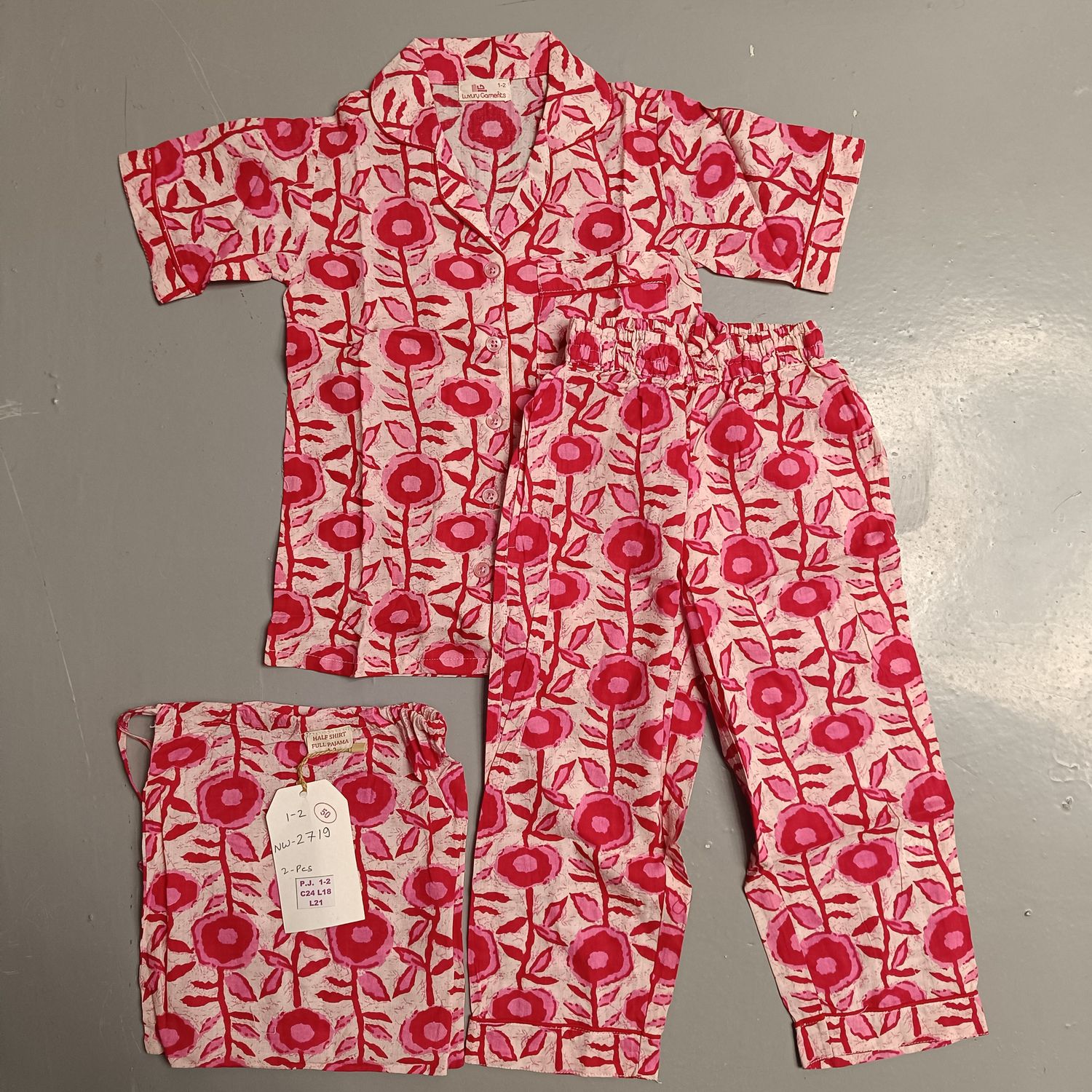 1-2 Year Cotton Half Sleeves Shirt Collar Neck Full Pajama Set