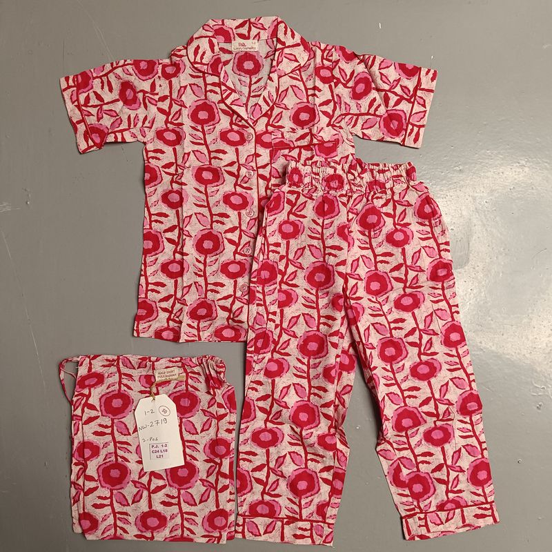 1-2 Year Cotton Half Sleeves Shirt Collar Neck Full Pajama Set