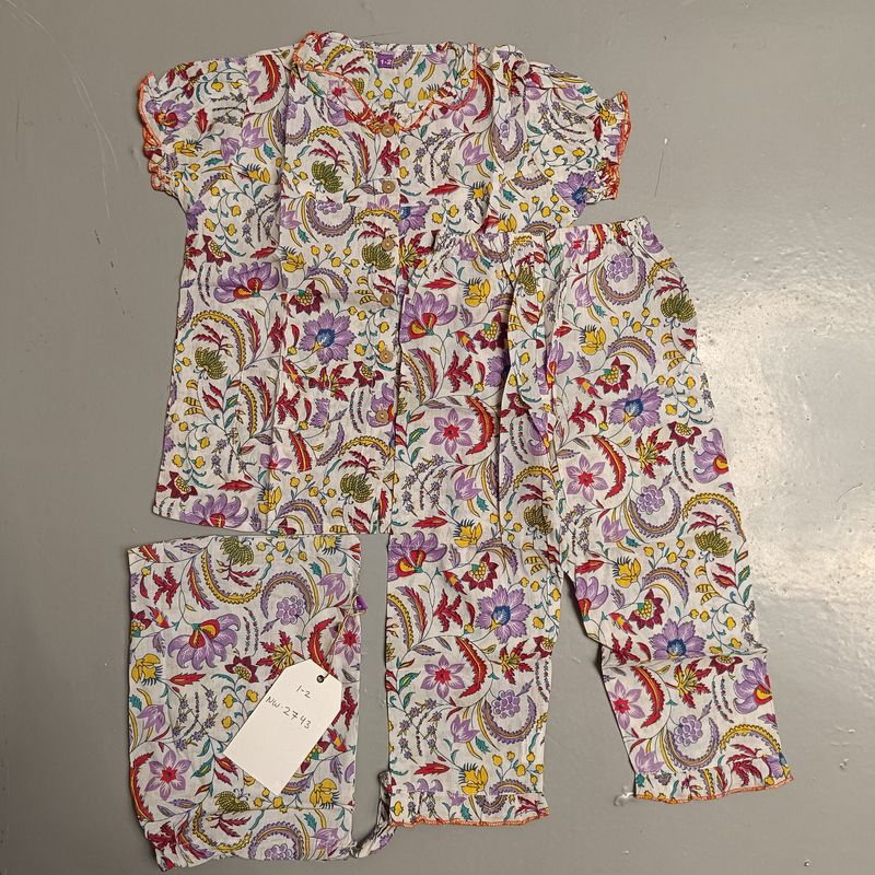 1-2 Year Cotton Half Sleeves Shirt Collar Neck Full Pajama Set