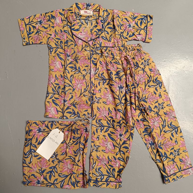 1-2 Year Cotton Half Sleeves Shirt Collar Neck Full Pajama Set