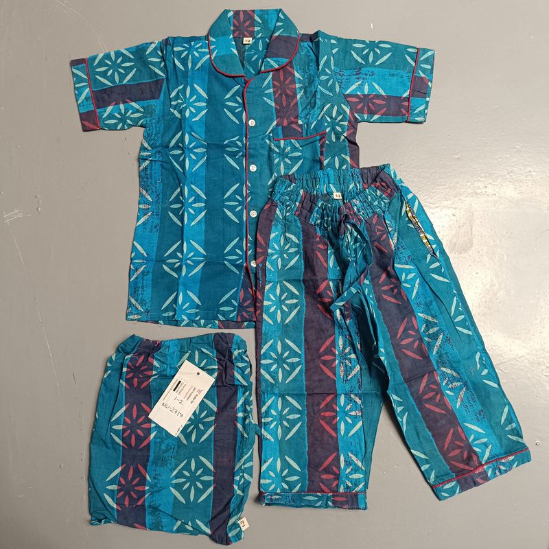 1-2 Year Cotton Half Sleeves Shirt Collar Neck Full Pajama Set