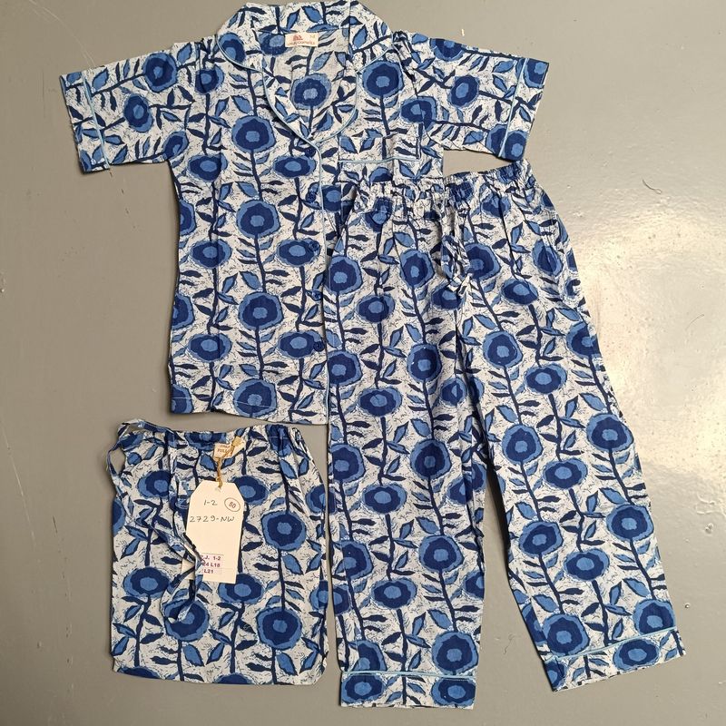 1-2 Year Cotton Half Sleeves Shirt Collar Neck Full Pajama Set