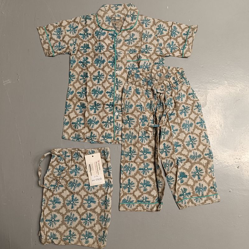 1-2 Year Cotton Half Sleeves Shirt Collar Neck Full Pajama Set
