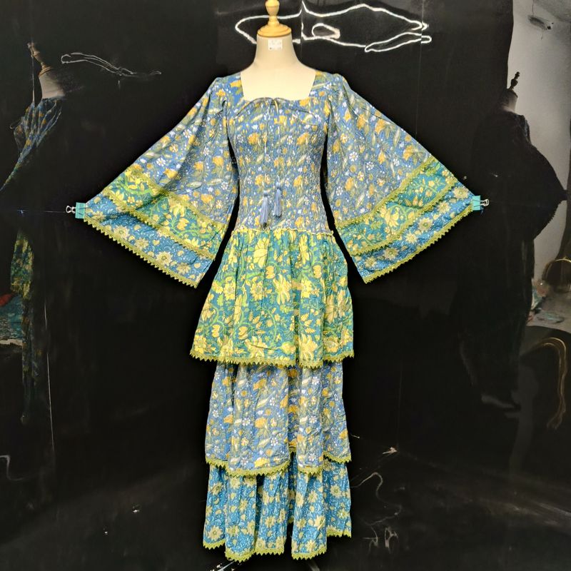 S/M   Crystal Rahima Multi Printed Cotton  Dress 57" Long Jalabiya