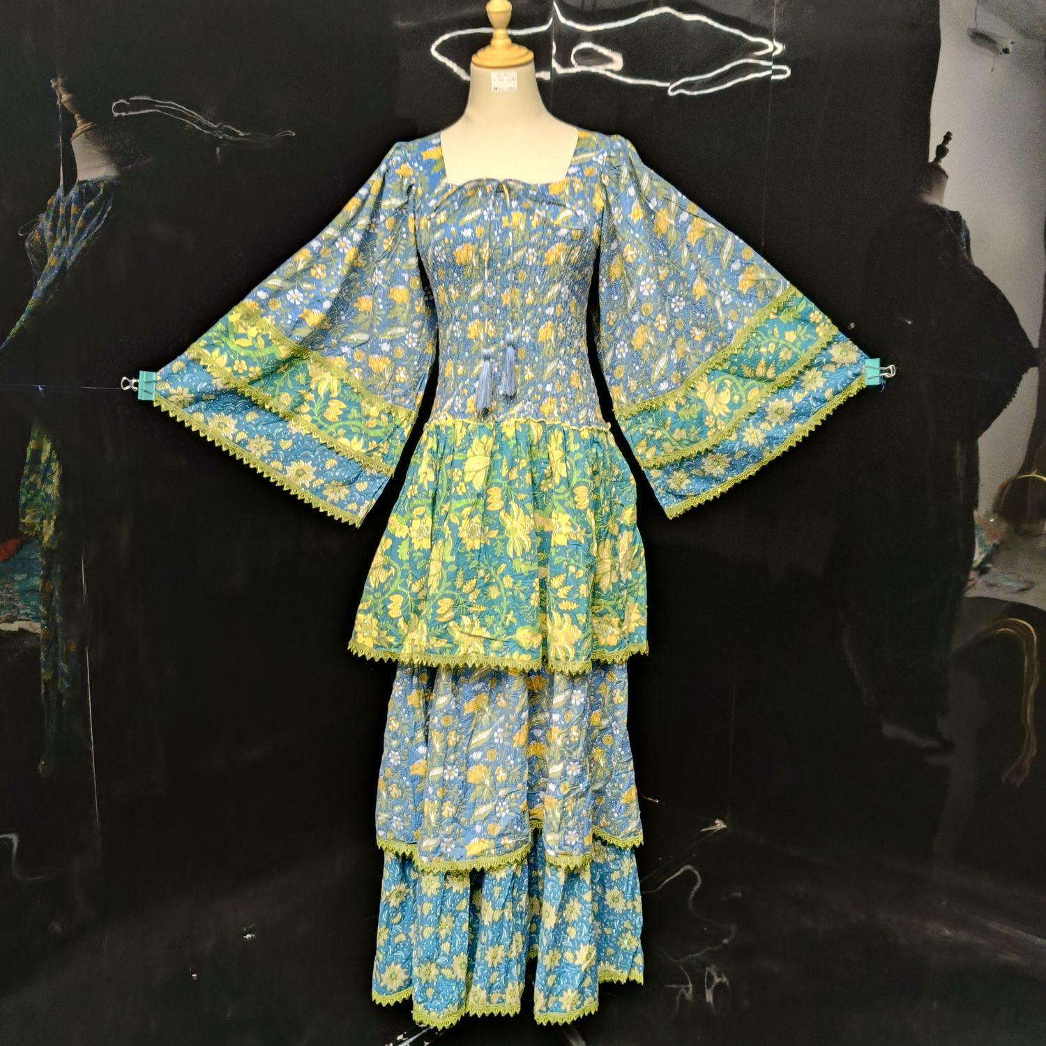 S/M   Crystal Rahima Multi Printed Cotton  Dress 57" Long Jalabiya