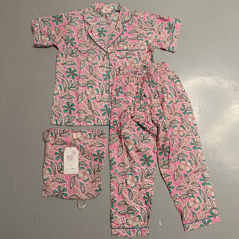 4-5 Year Cotton Half Sleeves Shirt Collar Neck Full Pajama Set