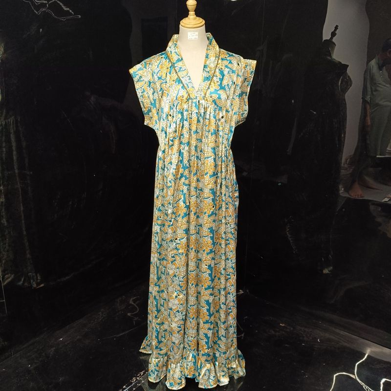 L/XL Satin Amani Printed Cotton Dress 57" Short Sleeves Jalabiya