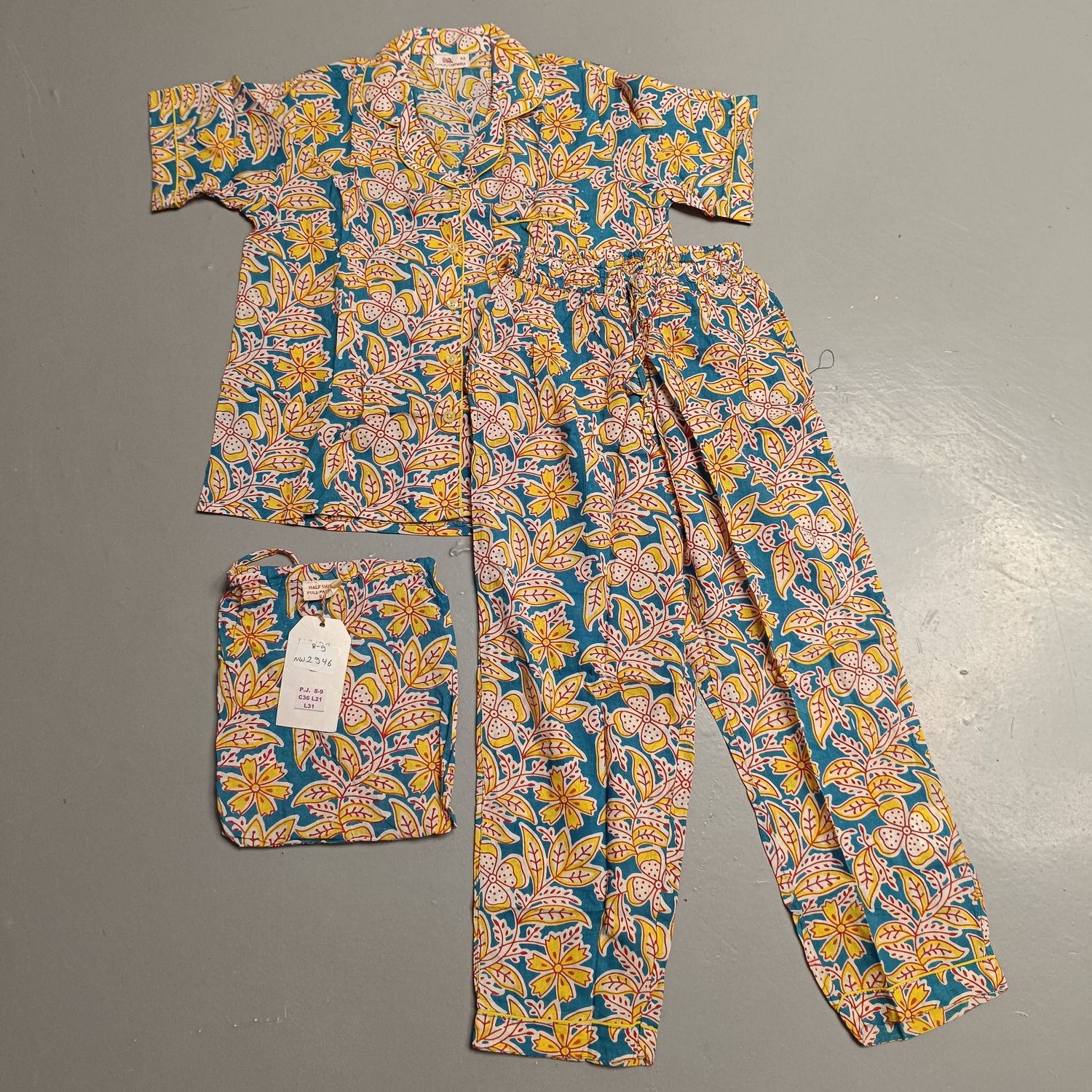 8-9 Year Cotton Half Sleeves Shirt Collar Neck Full Pajama Set