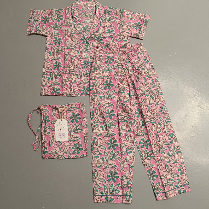 8-9 Year Cotton Half Sleeves Shirt Collar Neck Full Pajama Set