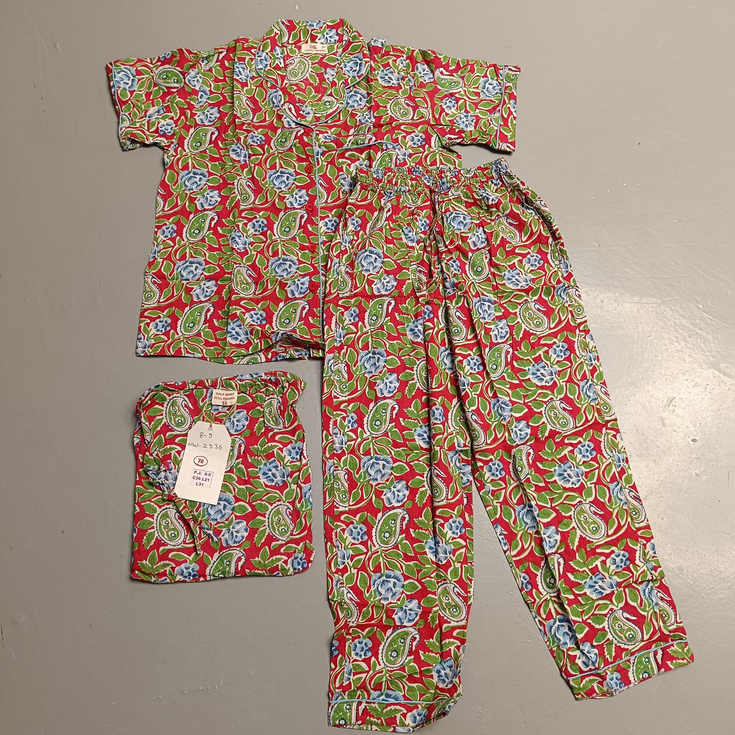 8-9 Year Cotton Half Sleeves Shirt Collar Neck Full Pajama Set