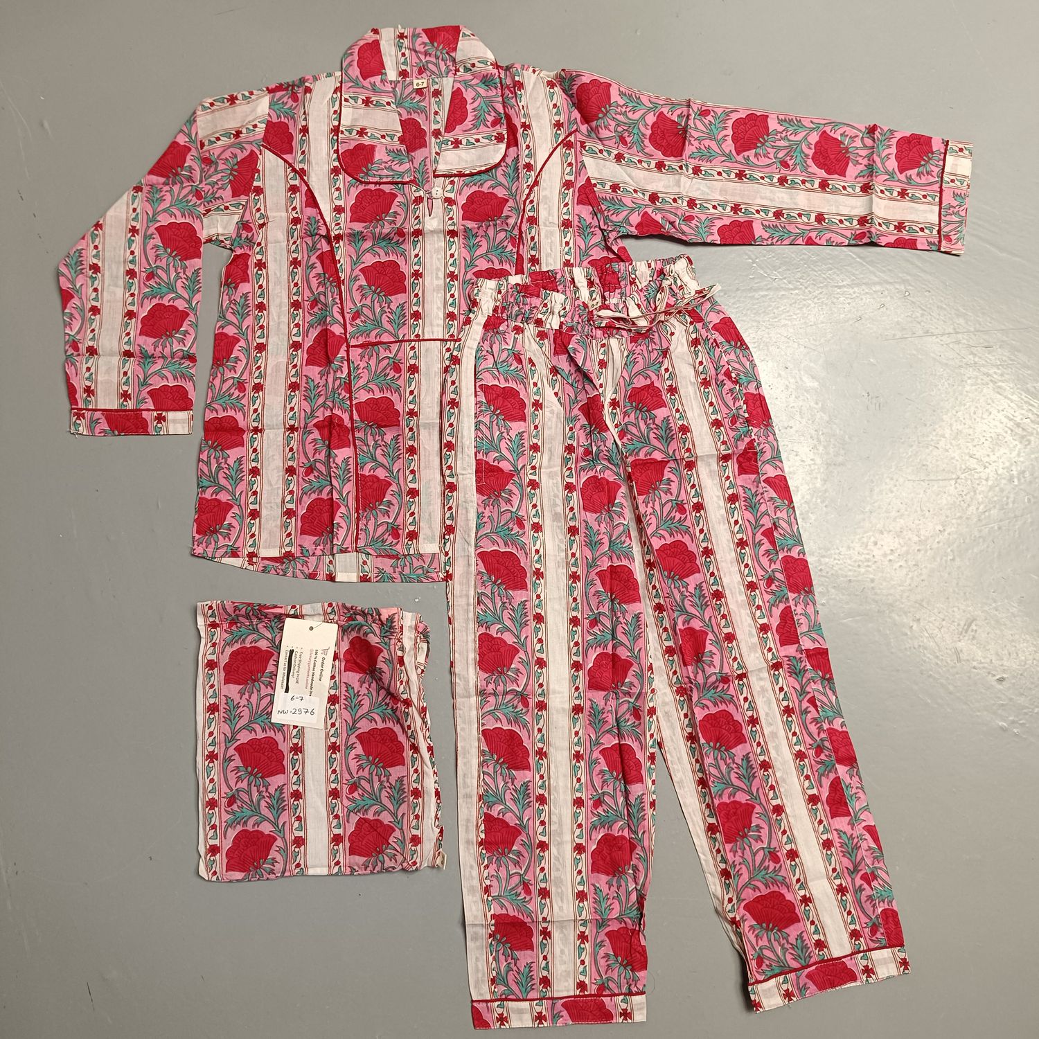 6-7 Year Cotton Full Sleeves Shirt Collar Neck Full Pajama Set