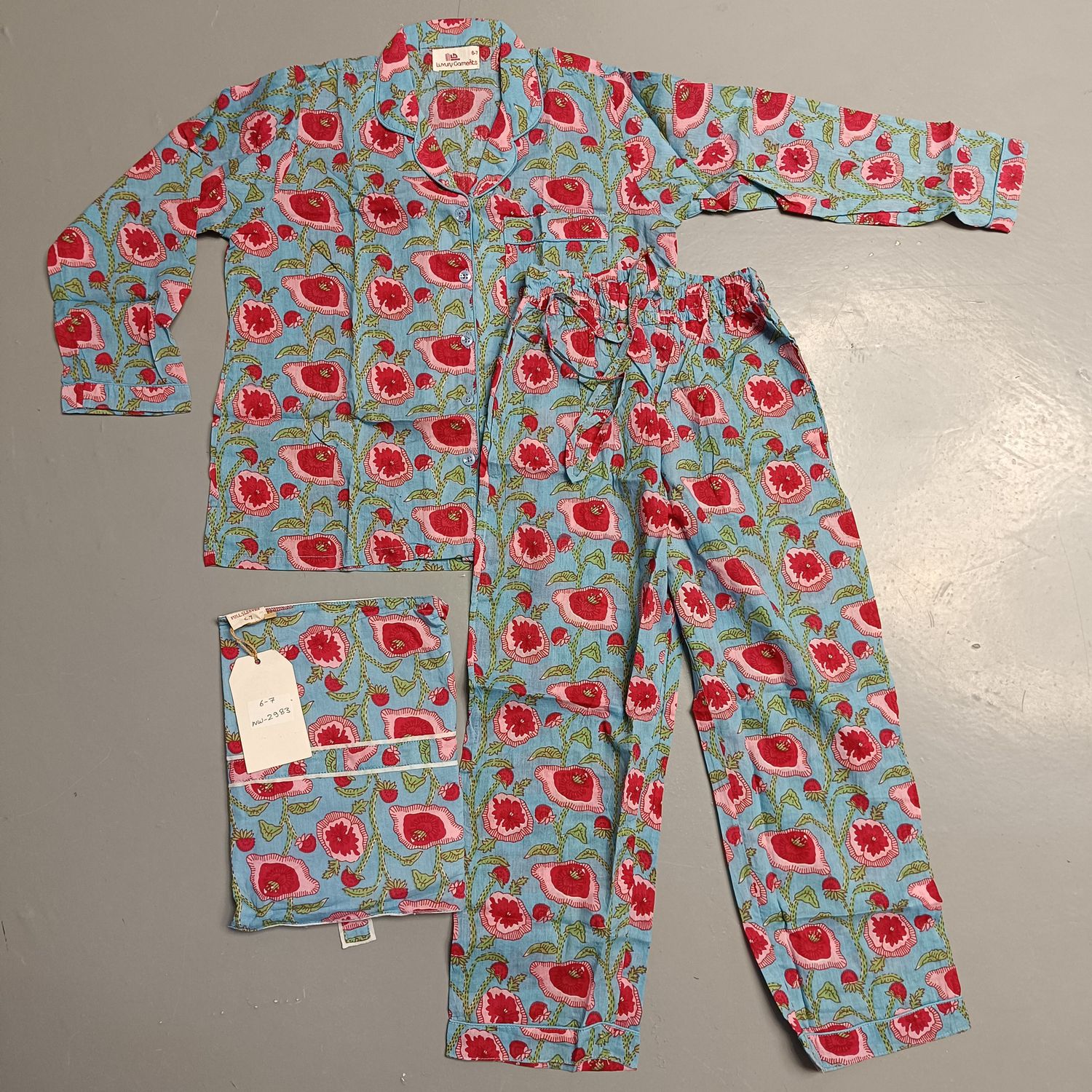 6-7 Year Cotton Full Sleeves Shirt Collar Neck Full Pajama Set