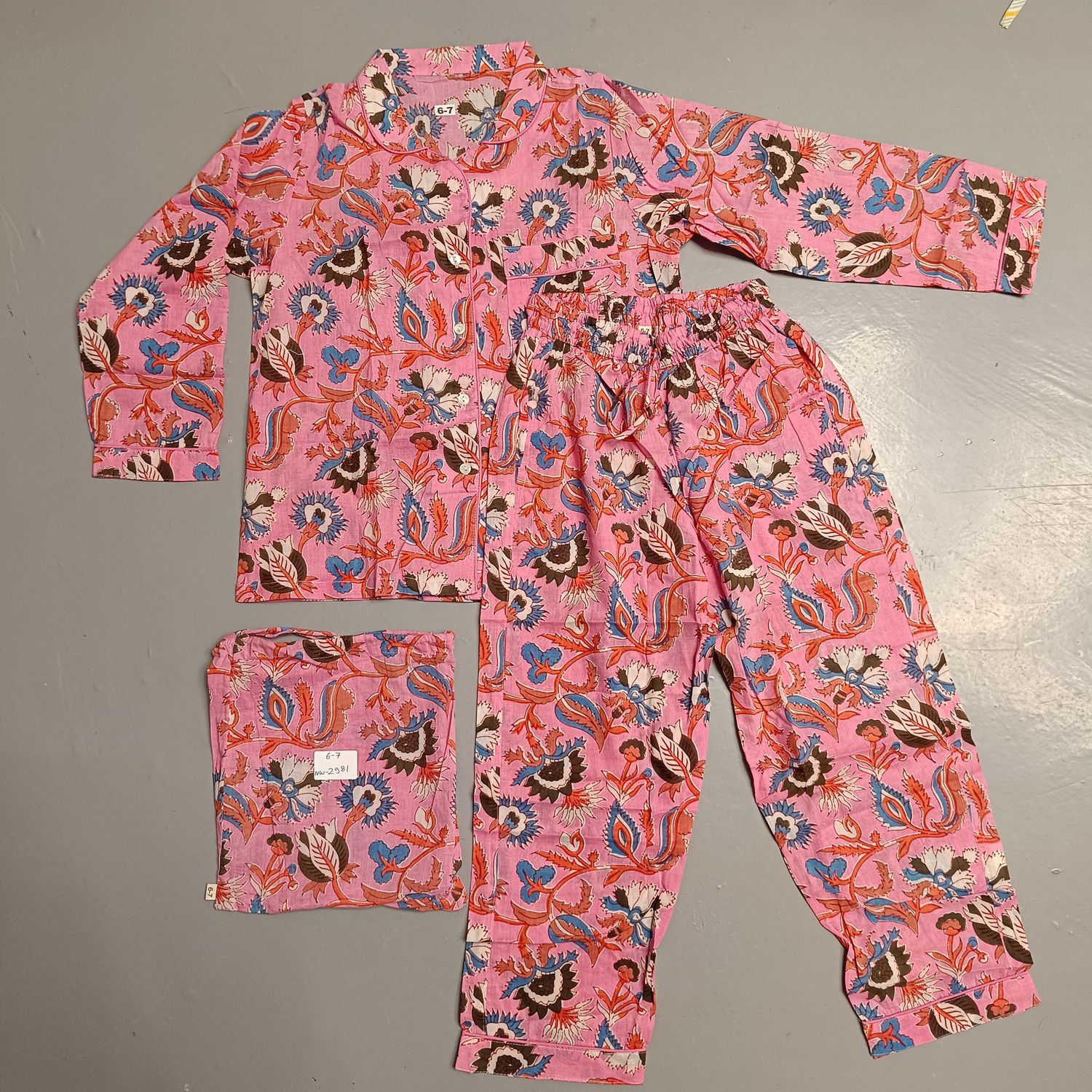 6-7 Year Cotton Full Sleeves Shirt Collar Neck Full Pajama Set