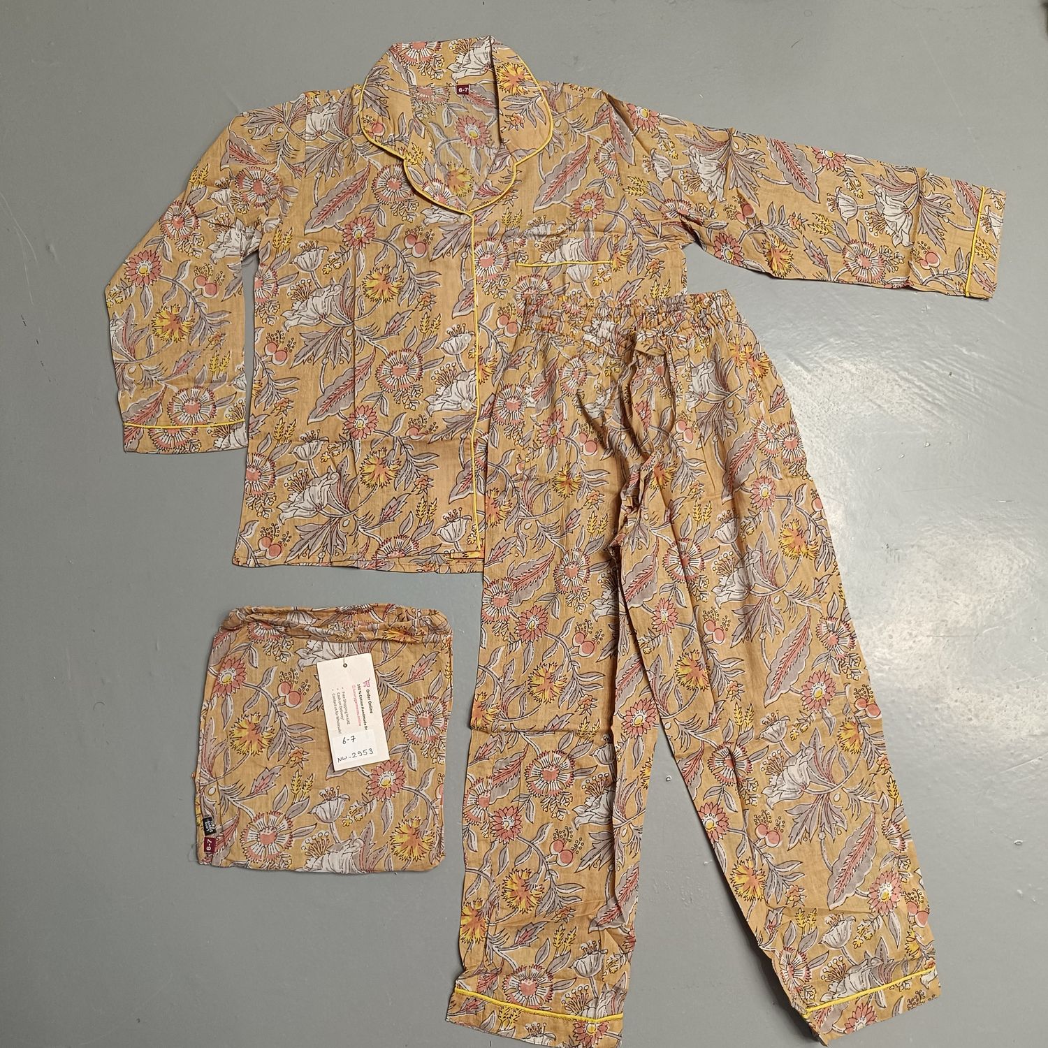 6-7 Year Cotton Full Sleeves Shirt Collar Neck Full Pajama Set