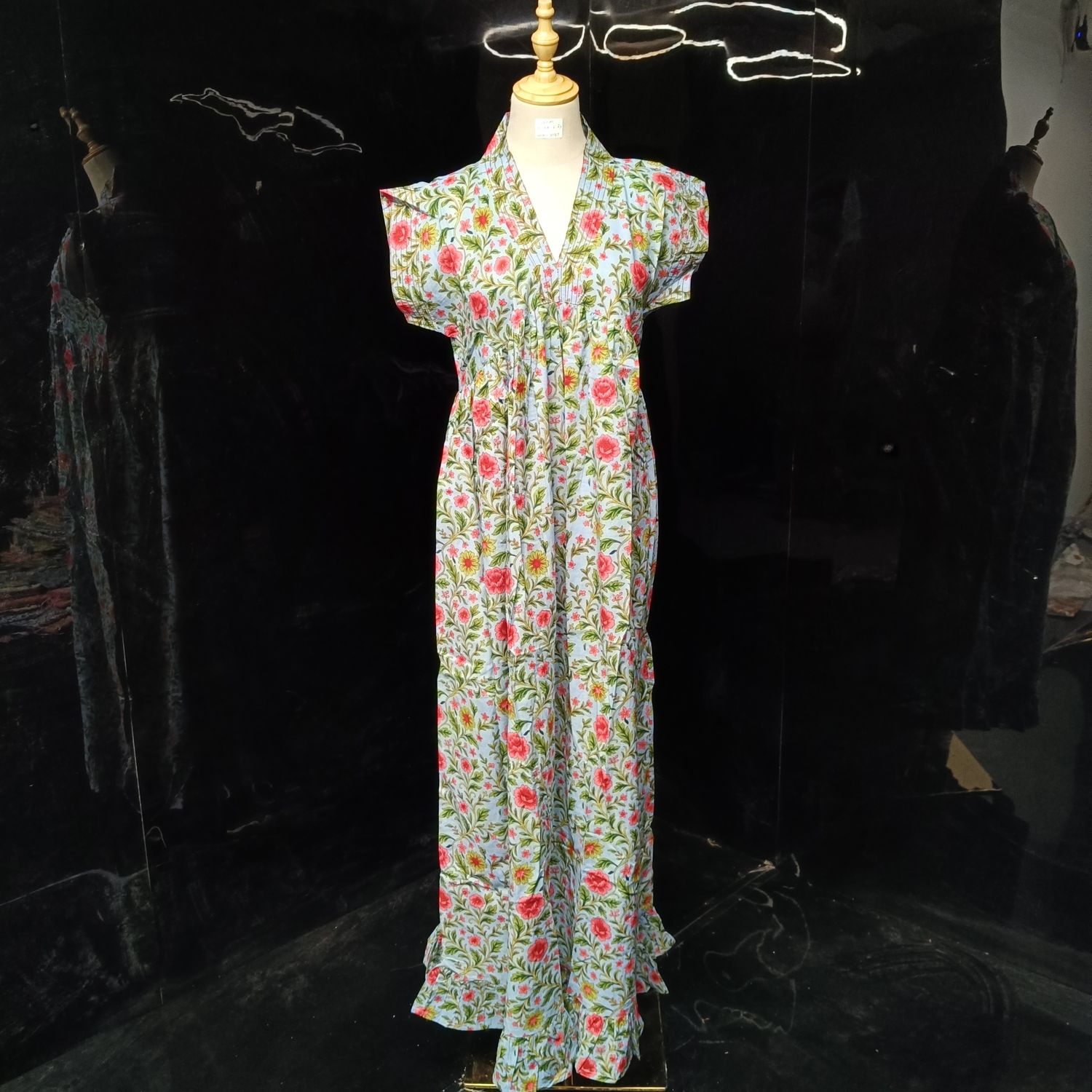 S/M Amani Printed Cotton Dress 57" Short Sleeves Jalabiya