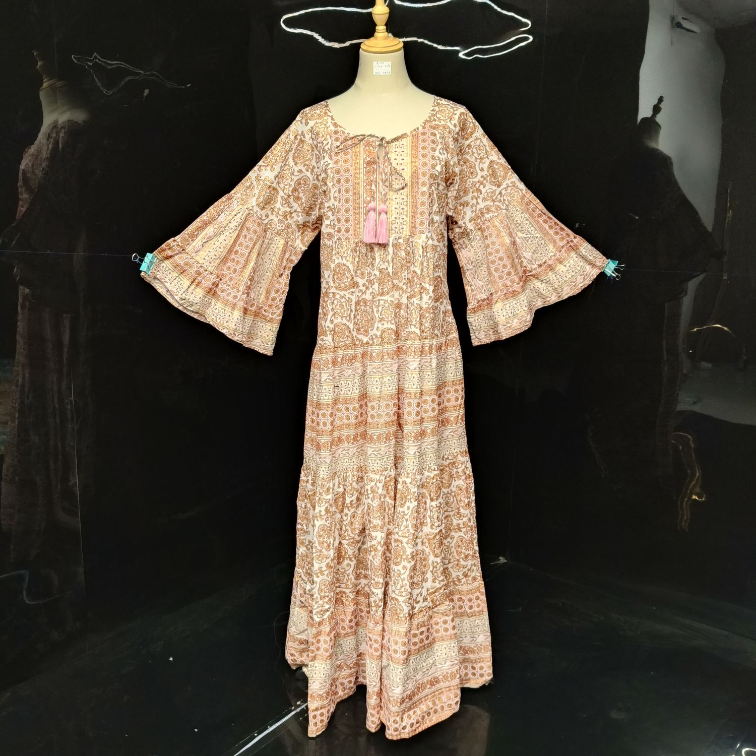 L/XL Gaby Gold Printed Cotton Dress 57" Long Jalabiya