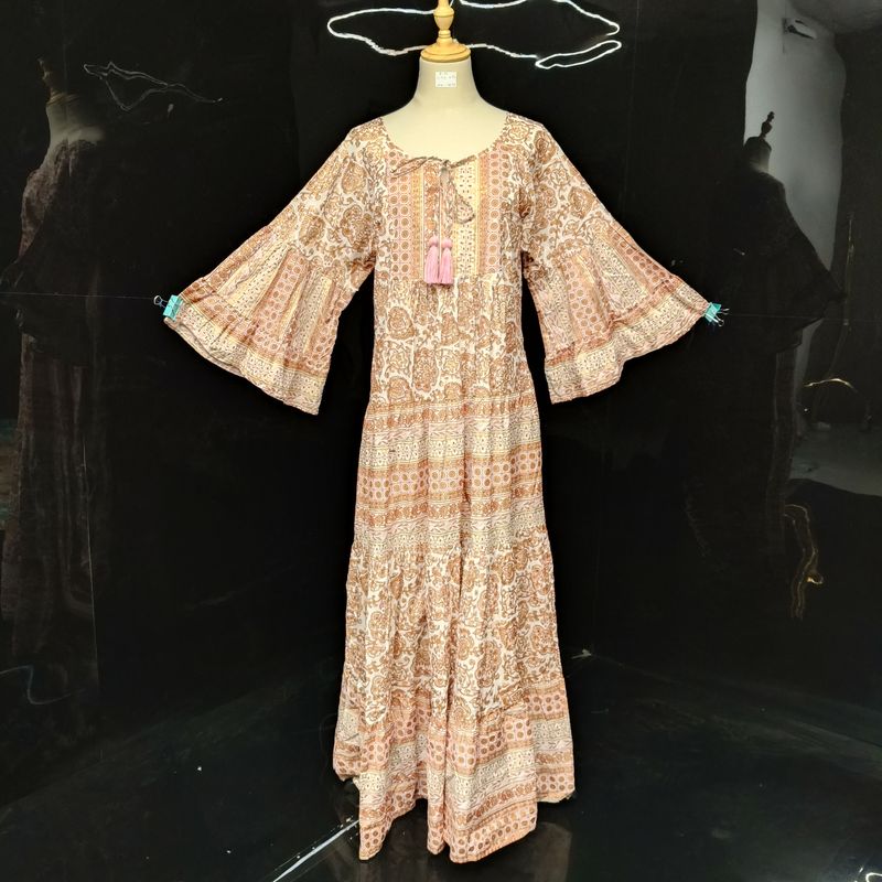 L/XL Gaby Gold Printed Cotton Dress 57" Long Jalabiya