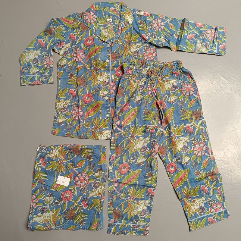 1-2 Year Cotton Full Sleeves Shirt Collar Neck Full Pajama Set