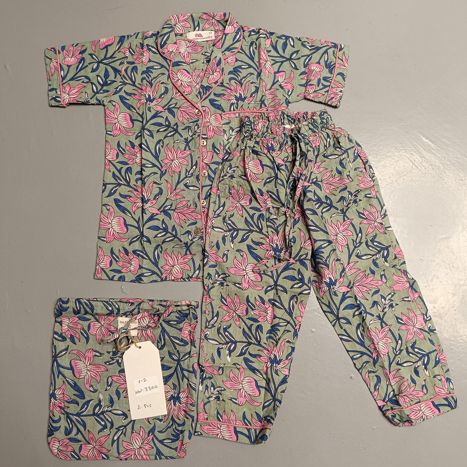 1-2 Year Cotton Half Sleeves Shirt Collar Neck Full Pajama Set