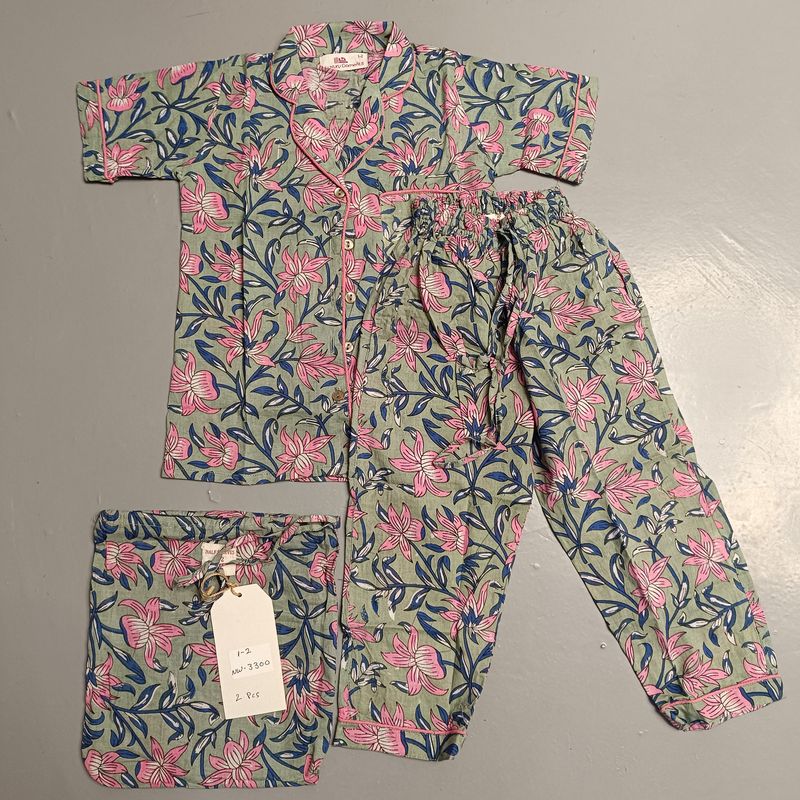 1-2 Year Cotton Half Sleeves Shirt Collar Neck Full Pajama Set