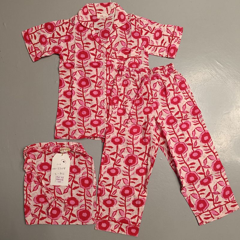 1-2 Year Cotton Half Sleeves Shirt Collar Neck Full Pajama Set