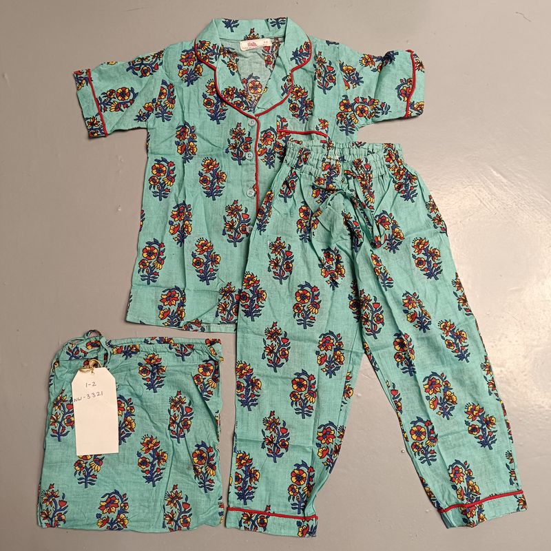1-2 Year Cotton Half Sleeves Shirt Collar Neck Full Pajama Set