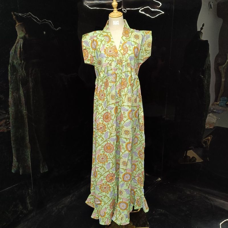 S/M Amani Printed Cotton Dress 57" Short Sleeves Jalabiya