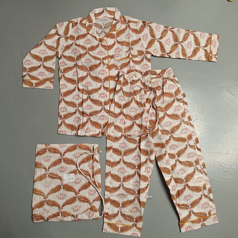 1-2 Year Cotton Full Sleeves Shirt Collar Neck Full Pajama Set
