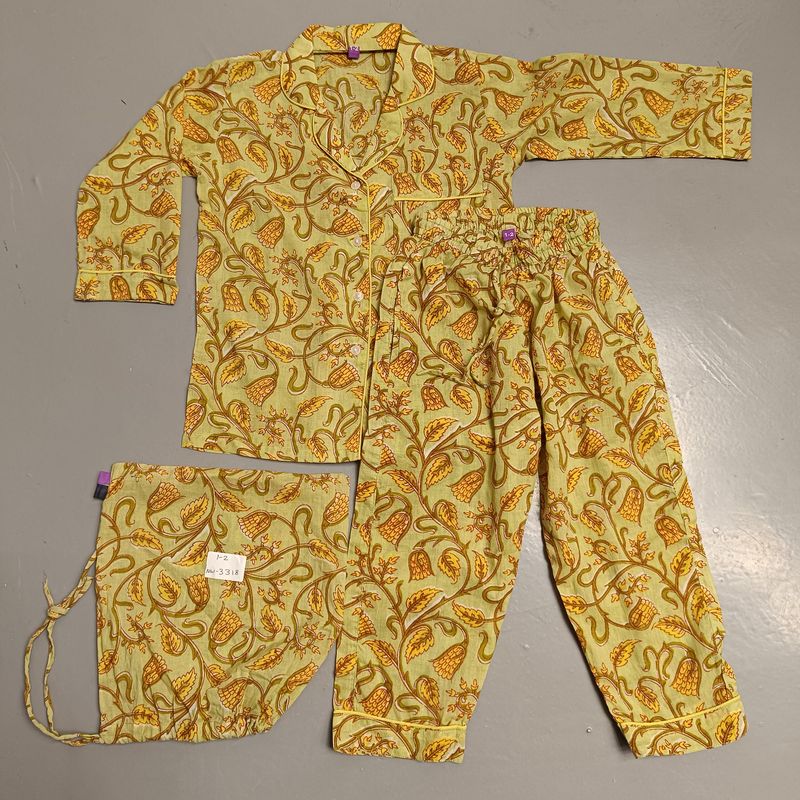 1-2 Year Cotton Full Sleeves Shirt Collar Neck Full Pajama Set