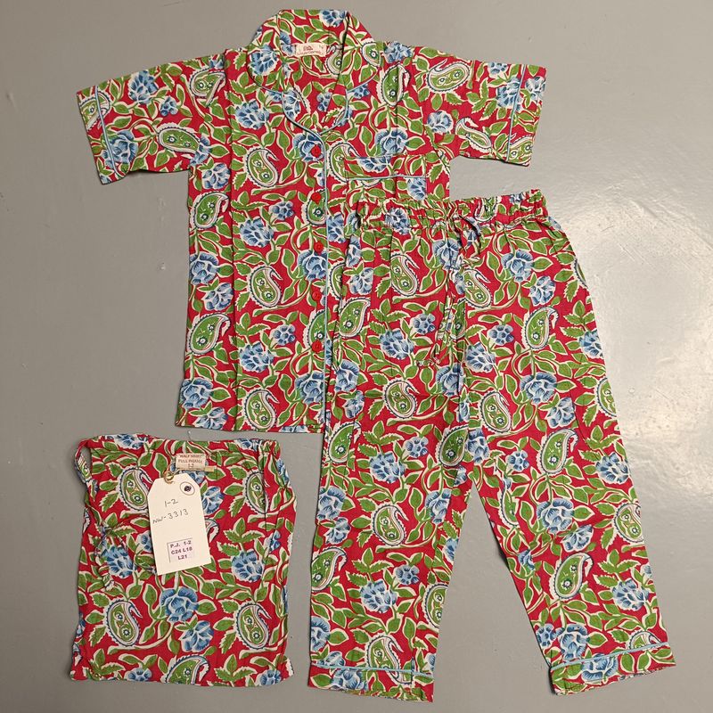 1-2 Year Cotton Half Sleeves Shirt Collar Neck Full Pajama Set