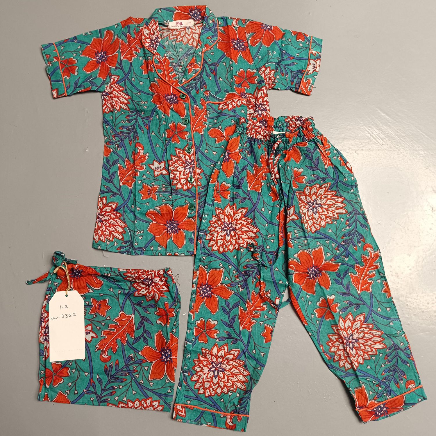 1-2 Year Cotton Half Sleeves Shirt Collar Neck Full Pajama Set