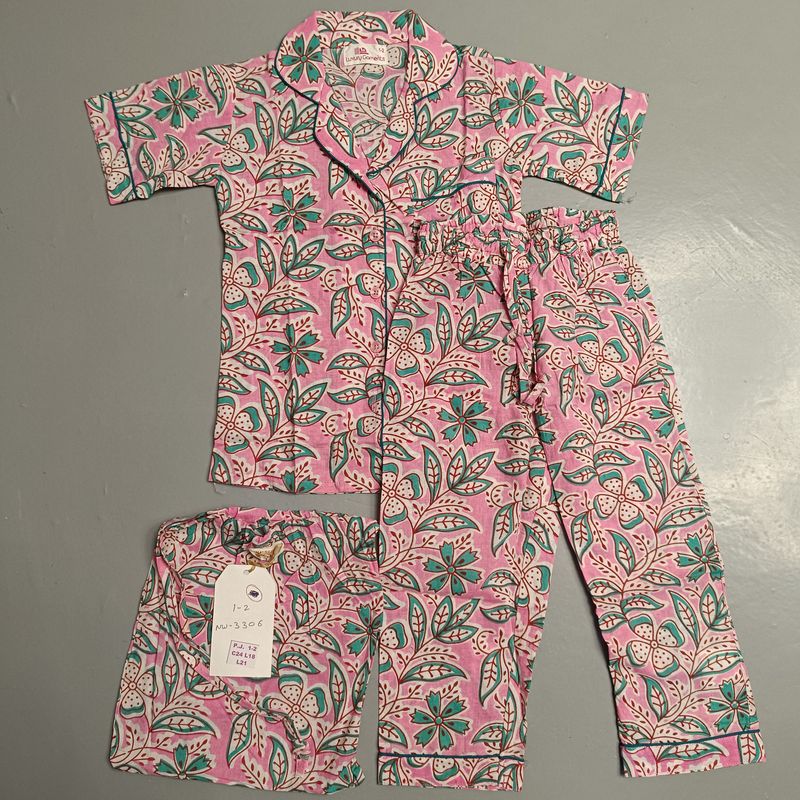 1-2 Year Cotton Half Sleeves Shirt Collar Neck Full Pajama Set