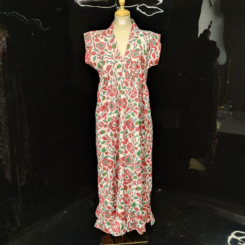 S/M Amani Printed Cotton Dress 57" Short Sleeves Jalabiya