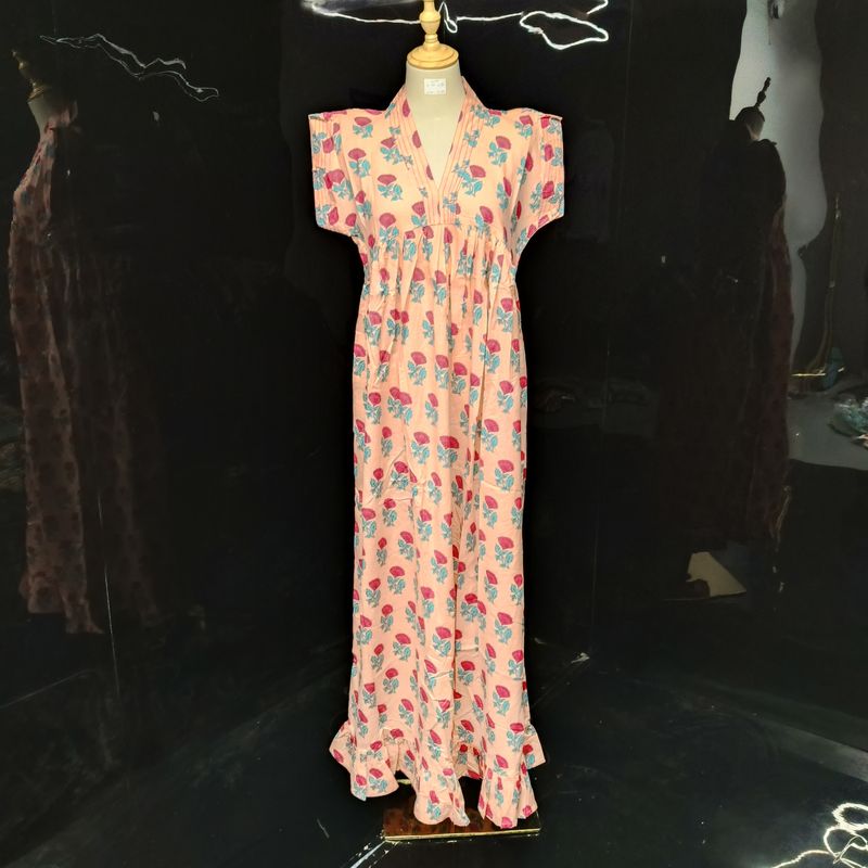 S/M Amani Printed Cotton Dress 57" Short Sleeves Jalabiya