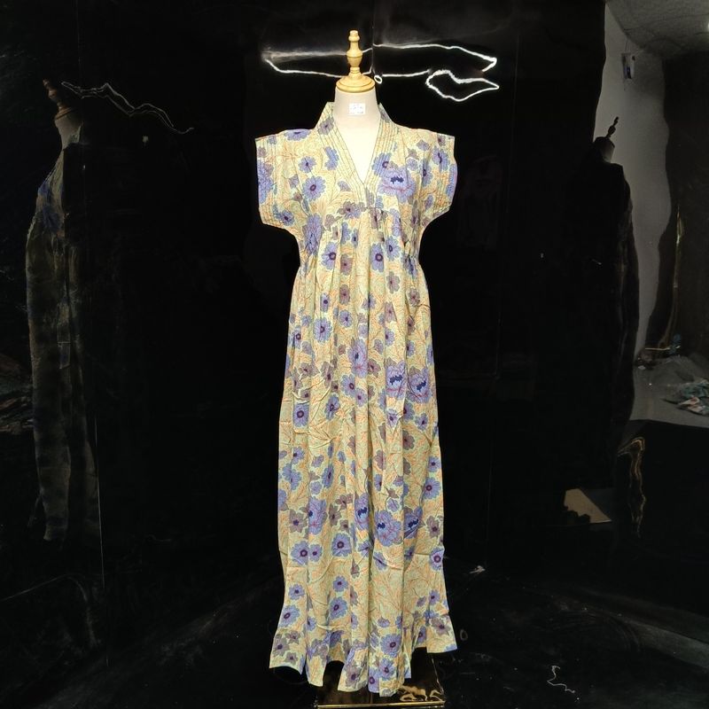 S/M Amani Printed Cotton Dress 57" Short Sleeves Jalabiya