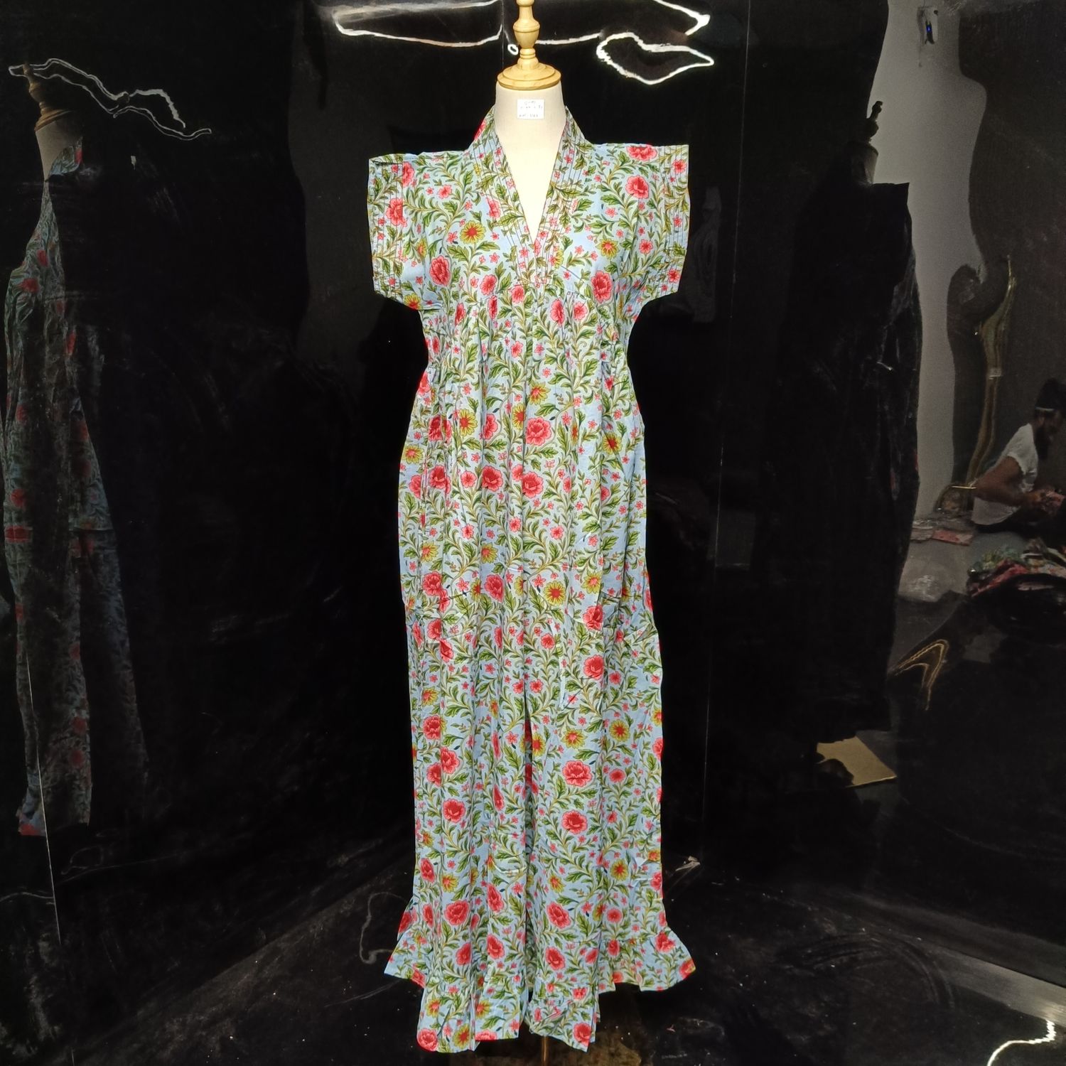 S/M Amani Printed Cotton Dress 57" Short Sleeves Jalabiya