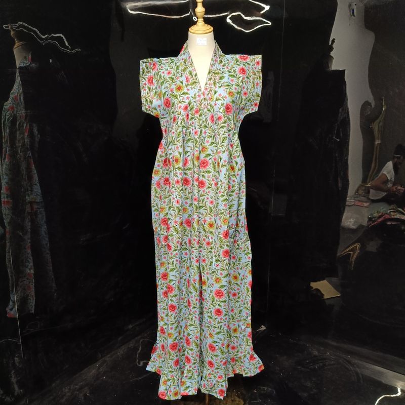 S/M Amani Printed Cotton Dress 57" Short Sleeves Jalabiya