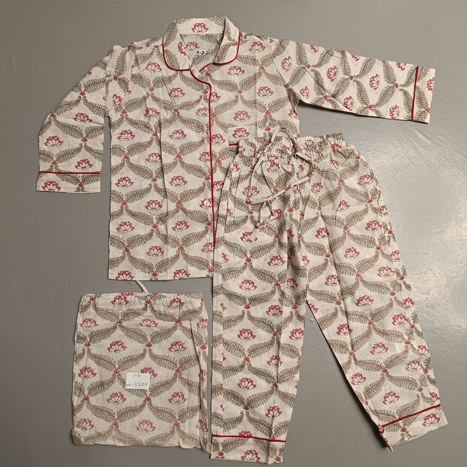 1-2 Year Cotton Full Sleeves Shirt Collar Neck Full Pajama Set