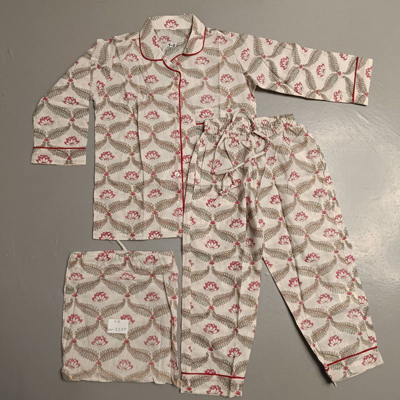 1-2 Year Cotton Full Sleeves Shirt Collar Neck Full Pajama Set