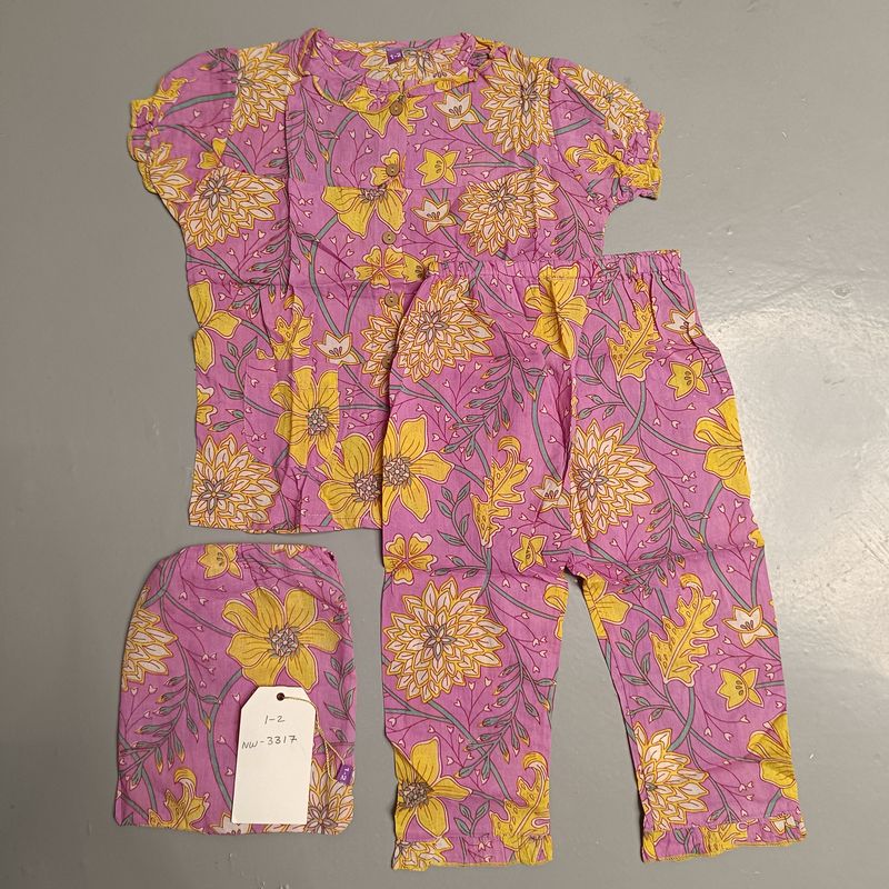 1-2 Year Cotton Half Sleeves Shirt Collar Neck Full Pajama Set