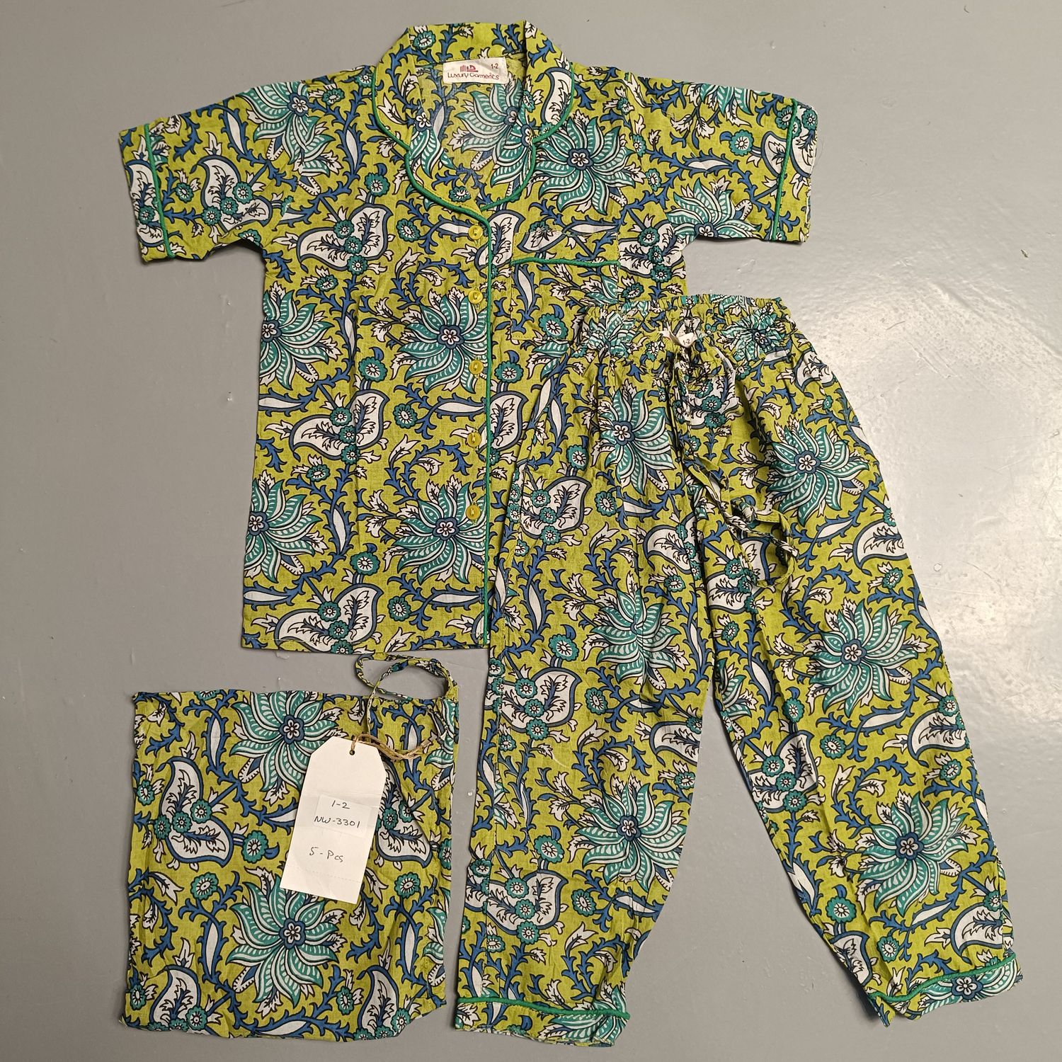 1-2 Year Cotton Half Sleeves Shirt Collar Neck Full Pajama Set